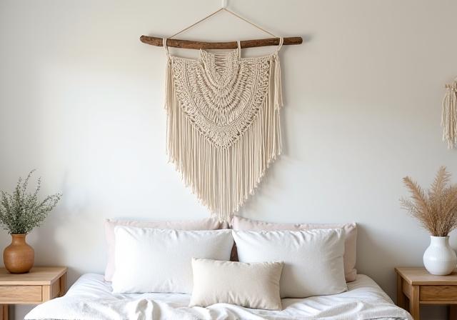 A macrame wall hanging with driftwood above a minimalist bed.